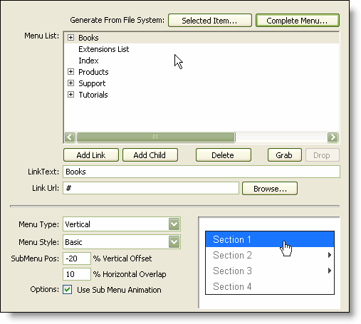 The newly generated menu